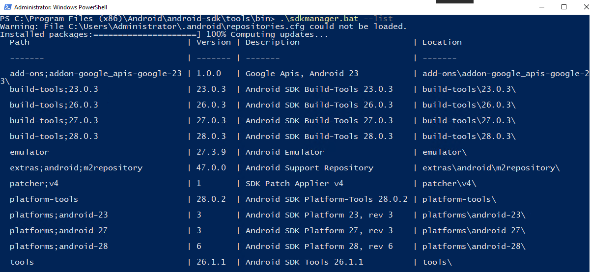 Update the Android SDK for a Visual Studio Build Tools installation